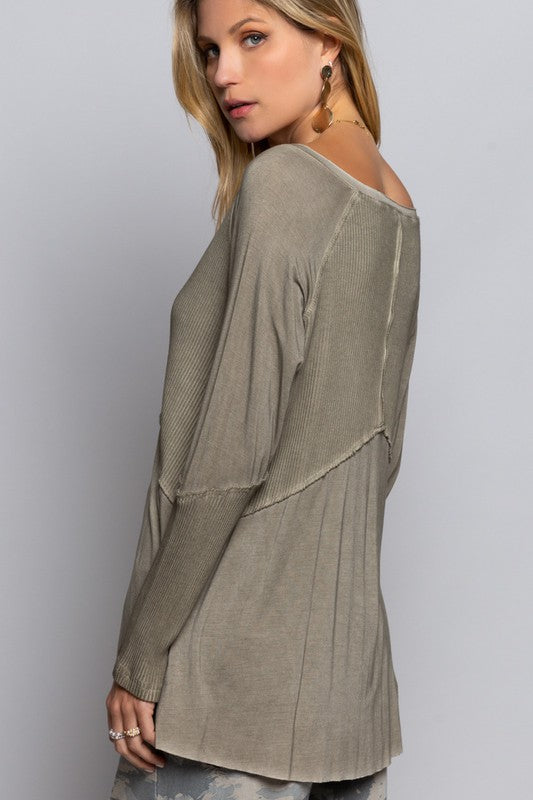 Light Wash Rib Textured Long Sleeve Top (Shipping Only)