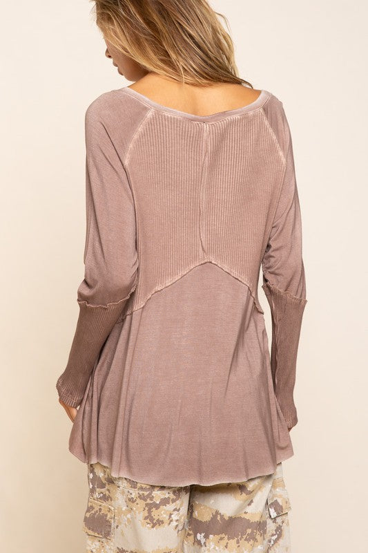 Light Wash Rib Textured Long Sleeve Top (Shipping Only)