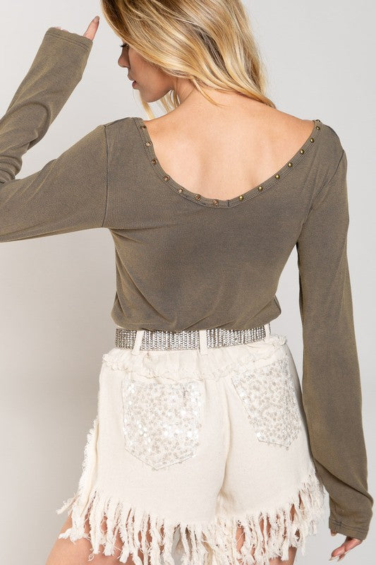 Studded Ribbed V-Neck Top (Shipping Only)