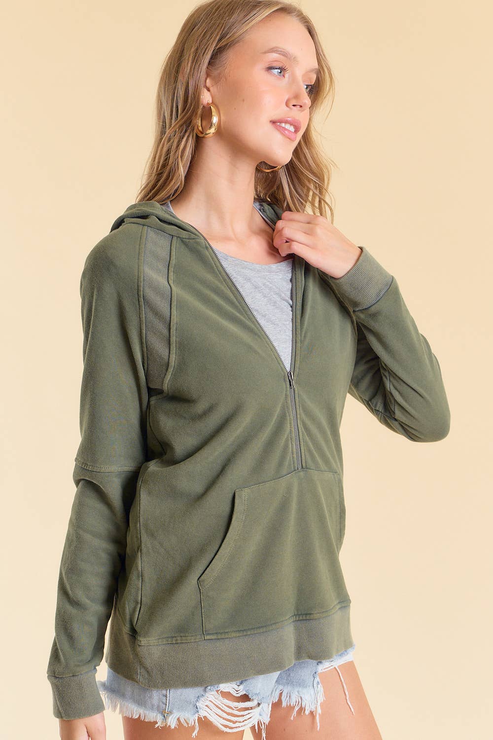 Neck Zip Front Hooded Sweatshirt