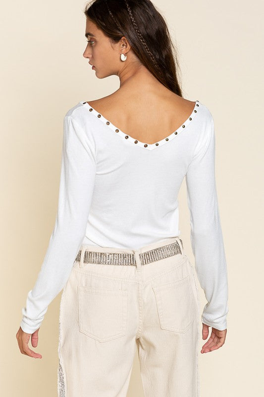 Studded Ribbed V-Neck Top (Shipping Only)