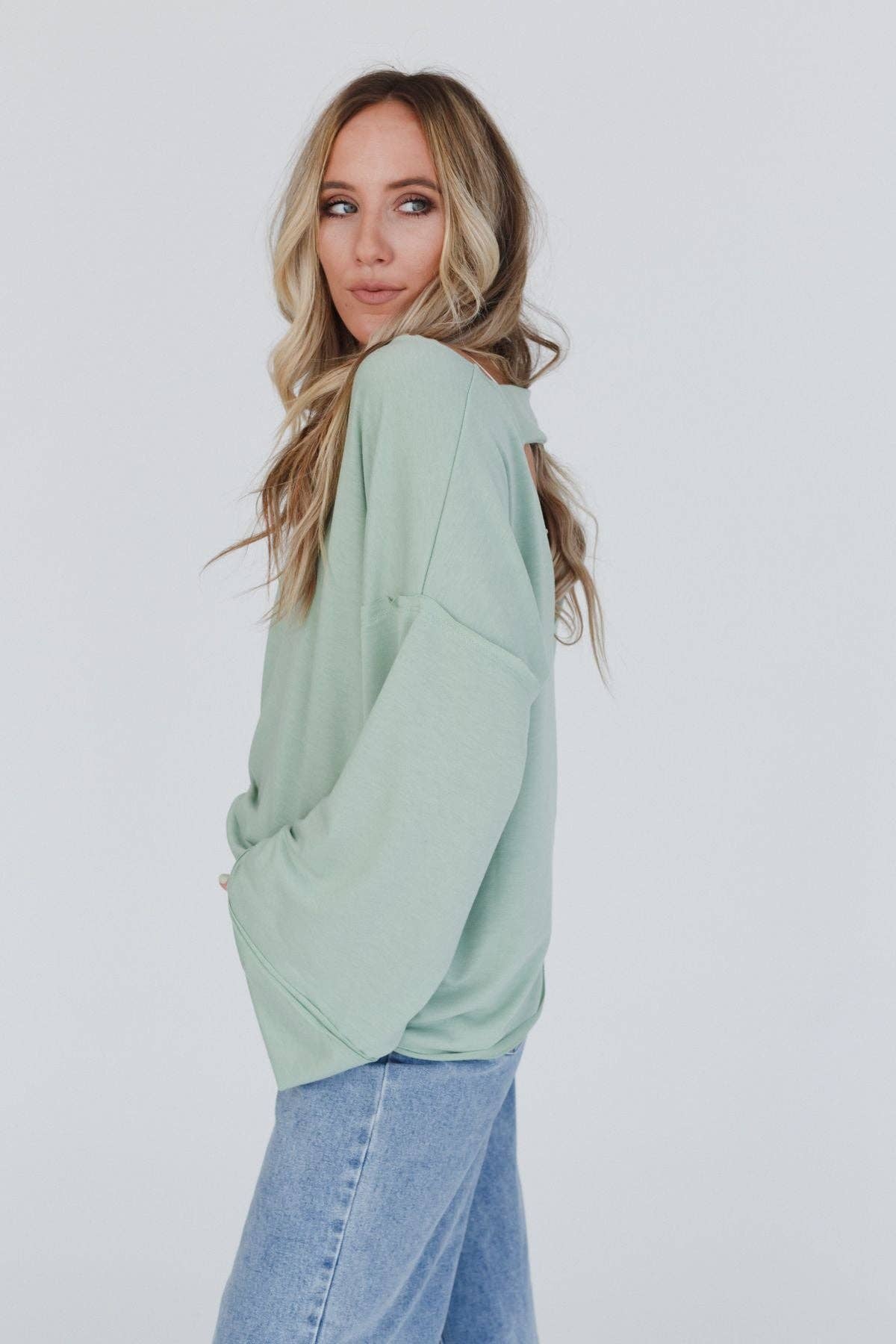 Love It V Neckline Sweater Top - Light Sage