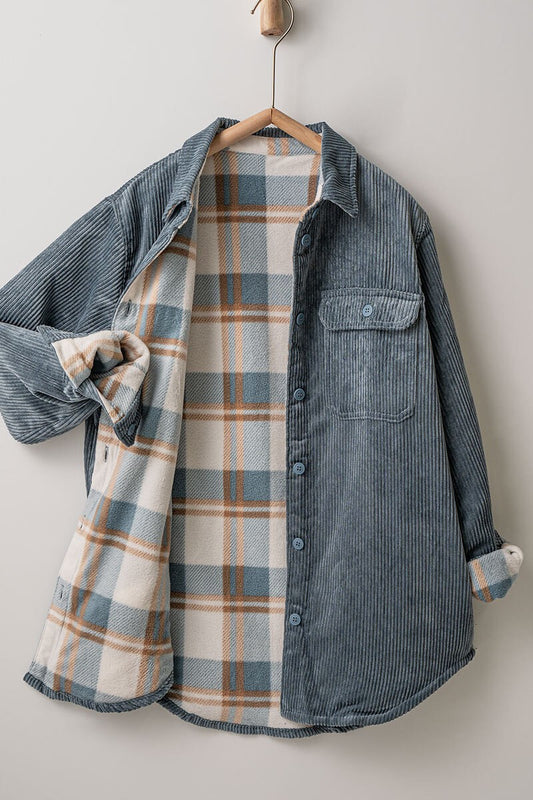 Corduroy/Plaid Flannel Shacket - Blue