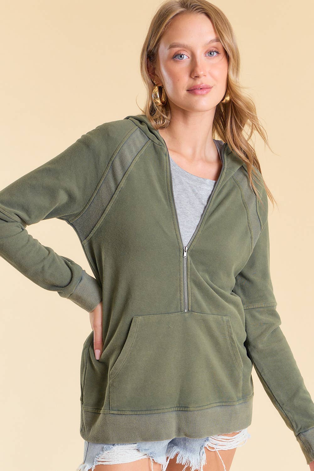 Neck Zip Front Hooded Sweatshirt