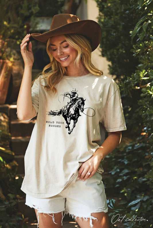 HOLD YOUR HORSES Oversized Graphic Top