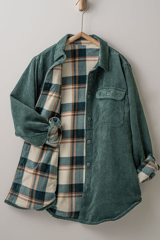 Corduroy/Plaid Flannel Shacket - Hunter Green